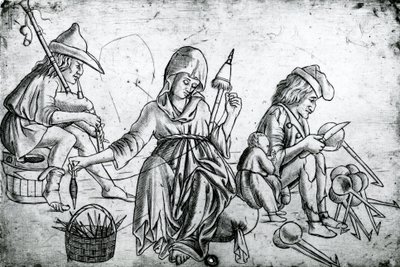 Scene with a musician playing the bagpipes, a woman spinning and a man carving spoons by Unbekannt Unbekannt